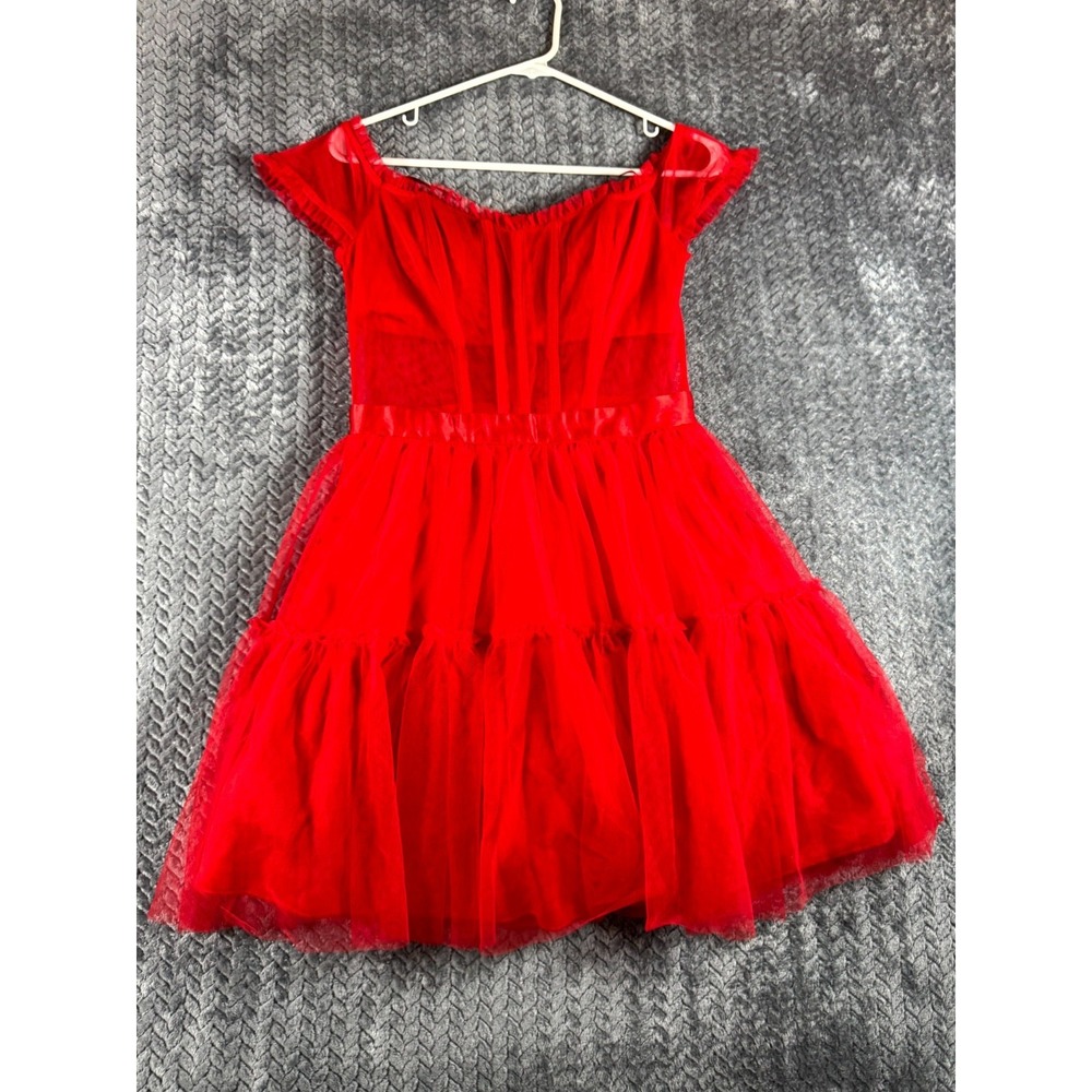 City Studio Tiered Mini Dress Womens 7 Red Tulle Off The Shoulder Back Zip Party